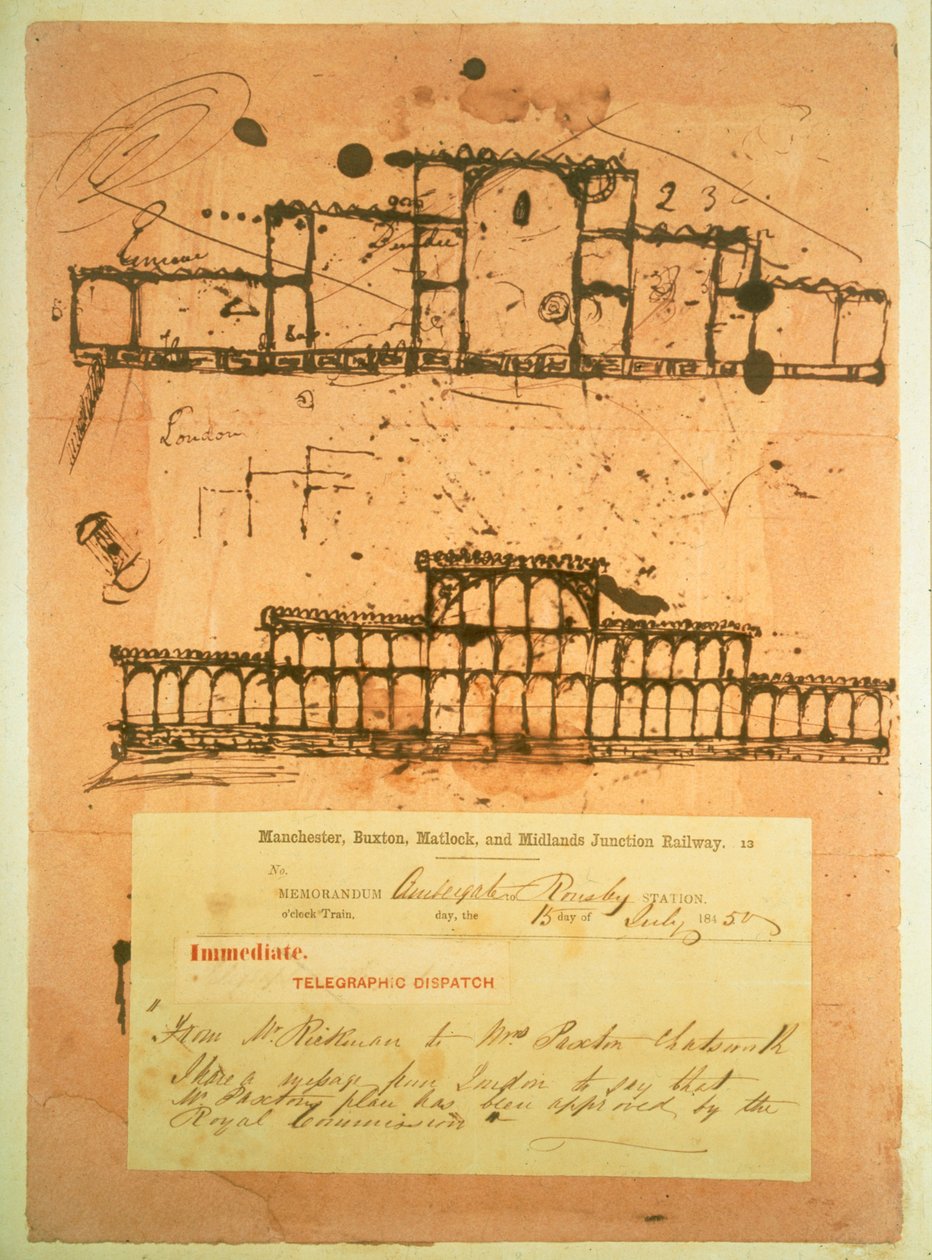 Schets voor het Crystal Palace, gebouwd voor de Grote Tentoonstelling van 1851, 1850 door Joseph Paxton