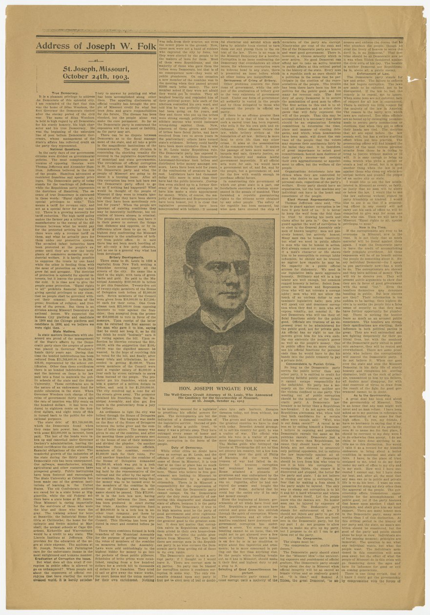 Toespraak van Joseph W. Folk, St. Joseph, Mo., kandidaat voor het gouverneurschap van Missouri, 24 oktober 1903 door Joseph Wingate Folk