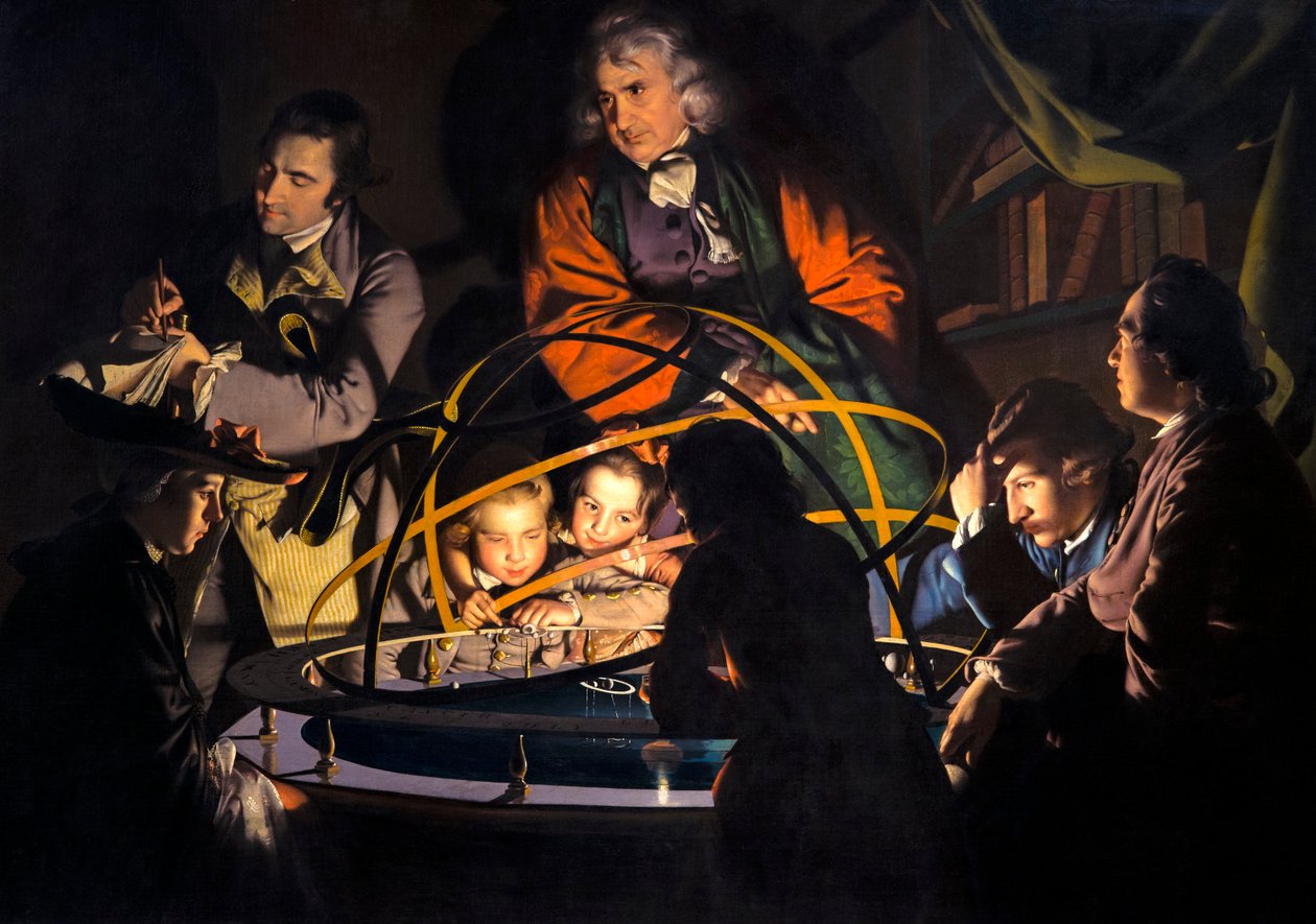 Een filosoof geeft die lezing over het planetarium, waarin een lamp in plaats van de zon wordt geplaatst door Joseph Wright of Derby