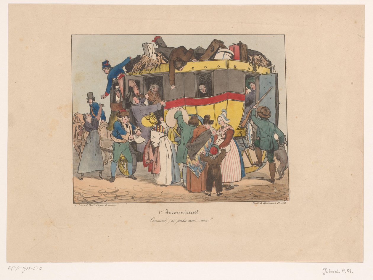 Passagiers proberen in volle omnibus te stappen door Joseph Ambroise Jobard