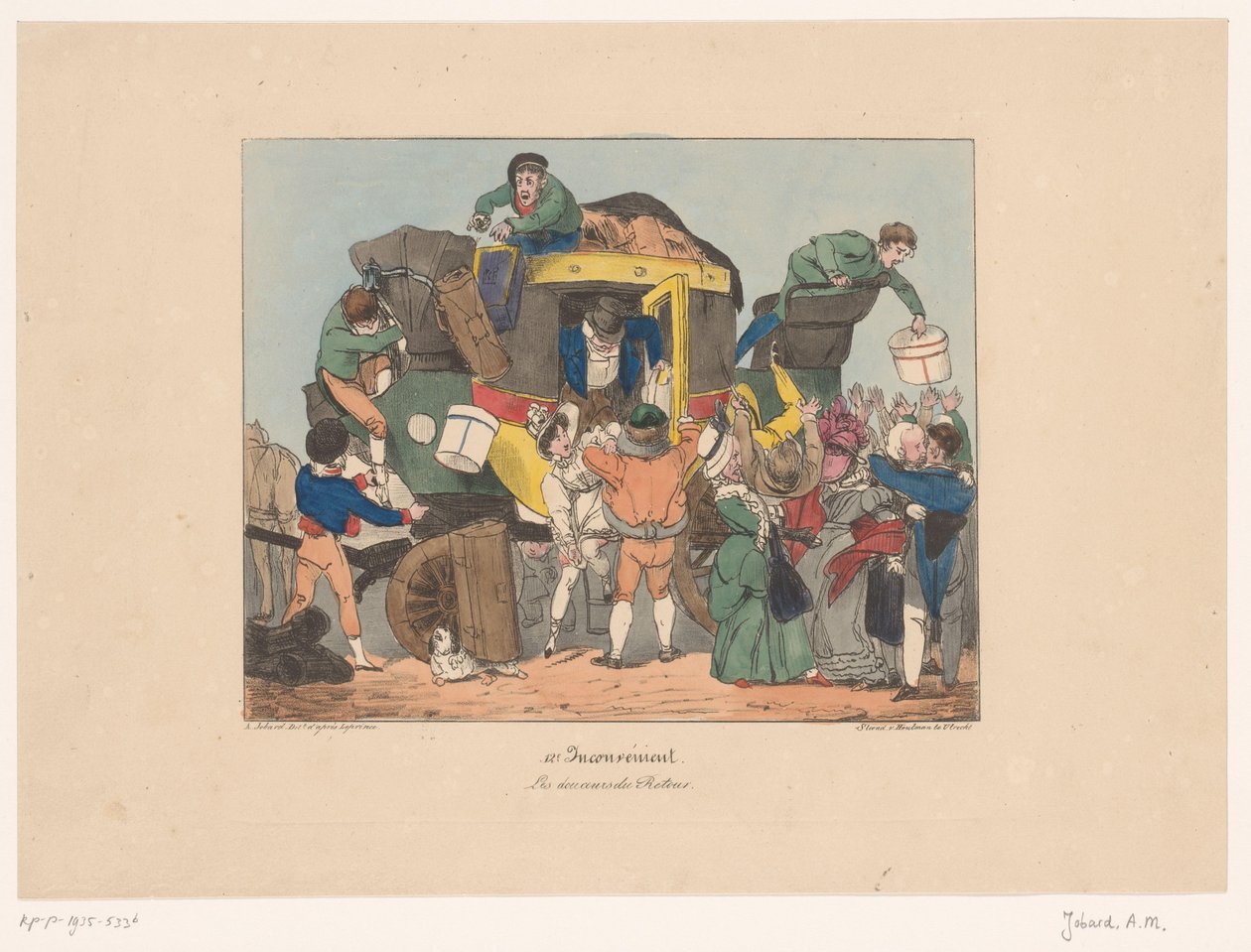 Passagiers stappen na terugreis uit een omnibus door Joseph Ambroise Jobard
