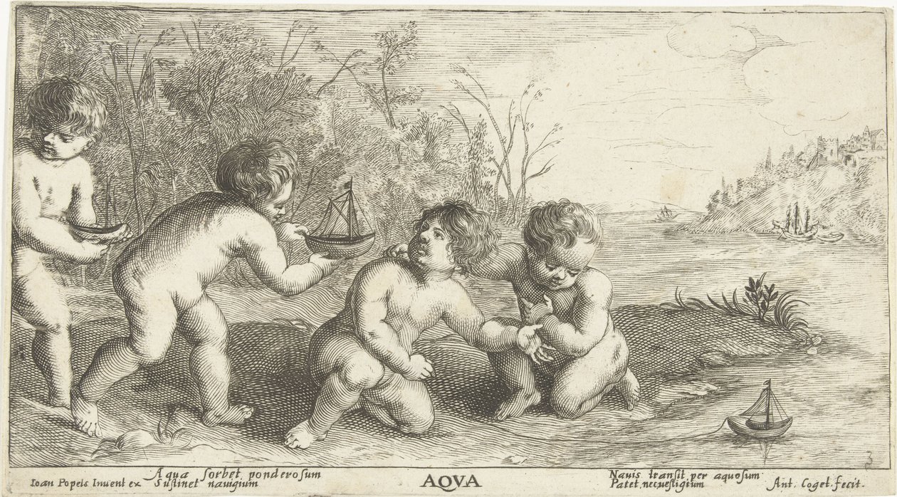 Kinderen spelen met bootjes door Joseph Antoine Cochet