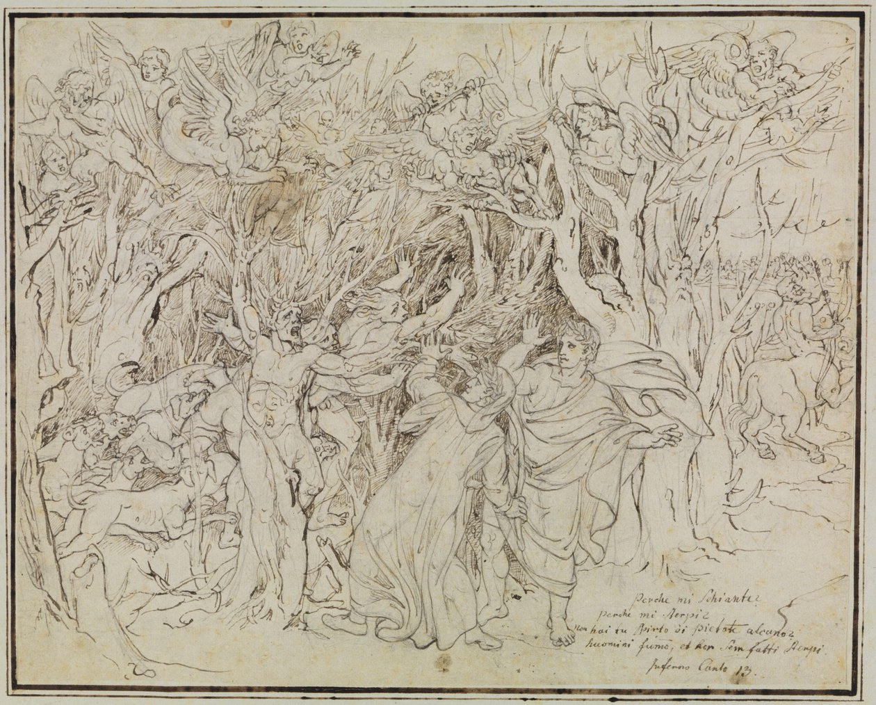 Dante en Vergilius in het bos van de zelfmoordenaars (Dante, Inferno, Canto 13) door Joseph Anton Koch