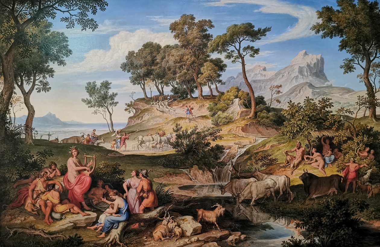 Duits: Apollo unter den Hirten Apollo tussen de herders
 Apollo tussen de herders
 Frans:  Apollon parmi les bergers Apollo onder de herders door Joseph Anton Koch