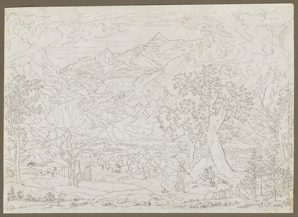 De Grindelwald-gletsjer met jager en boerenmeisje op de voorgrond door Joseph Anton Koch