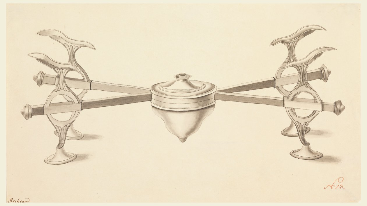 Ontwerp voor een schotelstandaard met uitschuifbare armen en een kleine spirituslamp door Joseph Anton Seethaler Ii