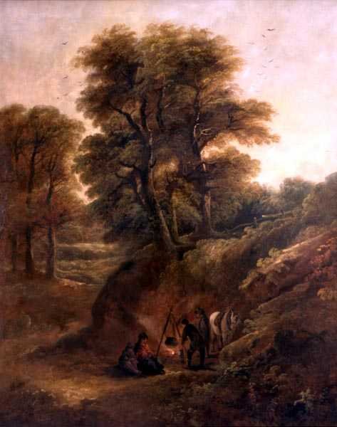 Boslandschap met zigeuners rond een vuur door Joseph Barker