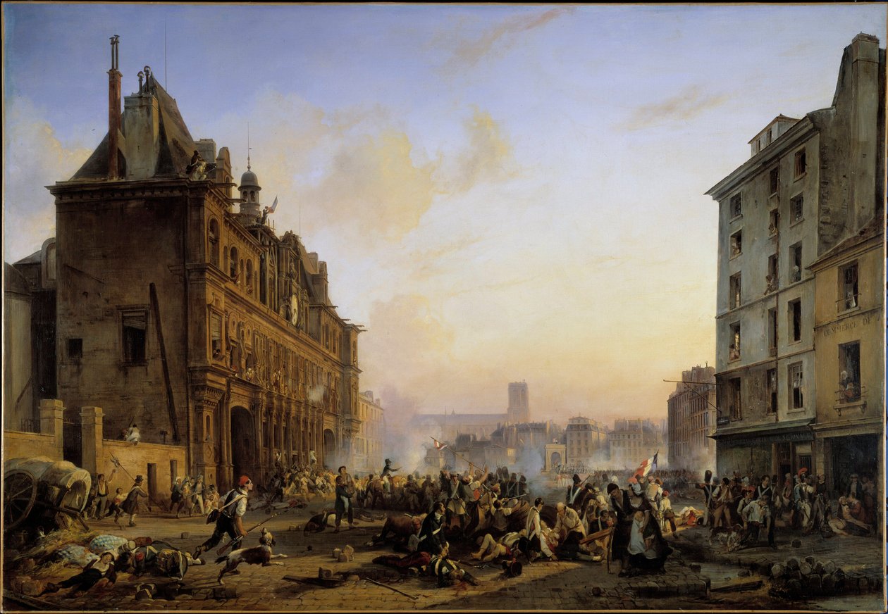 Les Trois Glorieuses (27, 28 en 29 juli): Aanval op het stadhuis van Parijs op 28/07/1830 door Joseph Beaume
