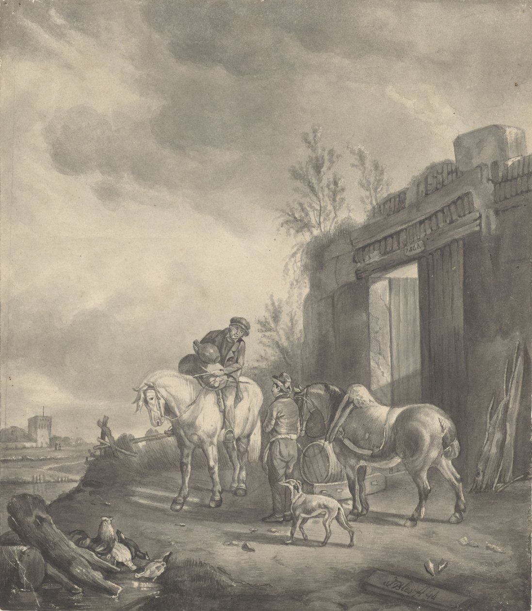 Twee ruiters bij een vervallen gebouw door Joseph Bles