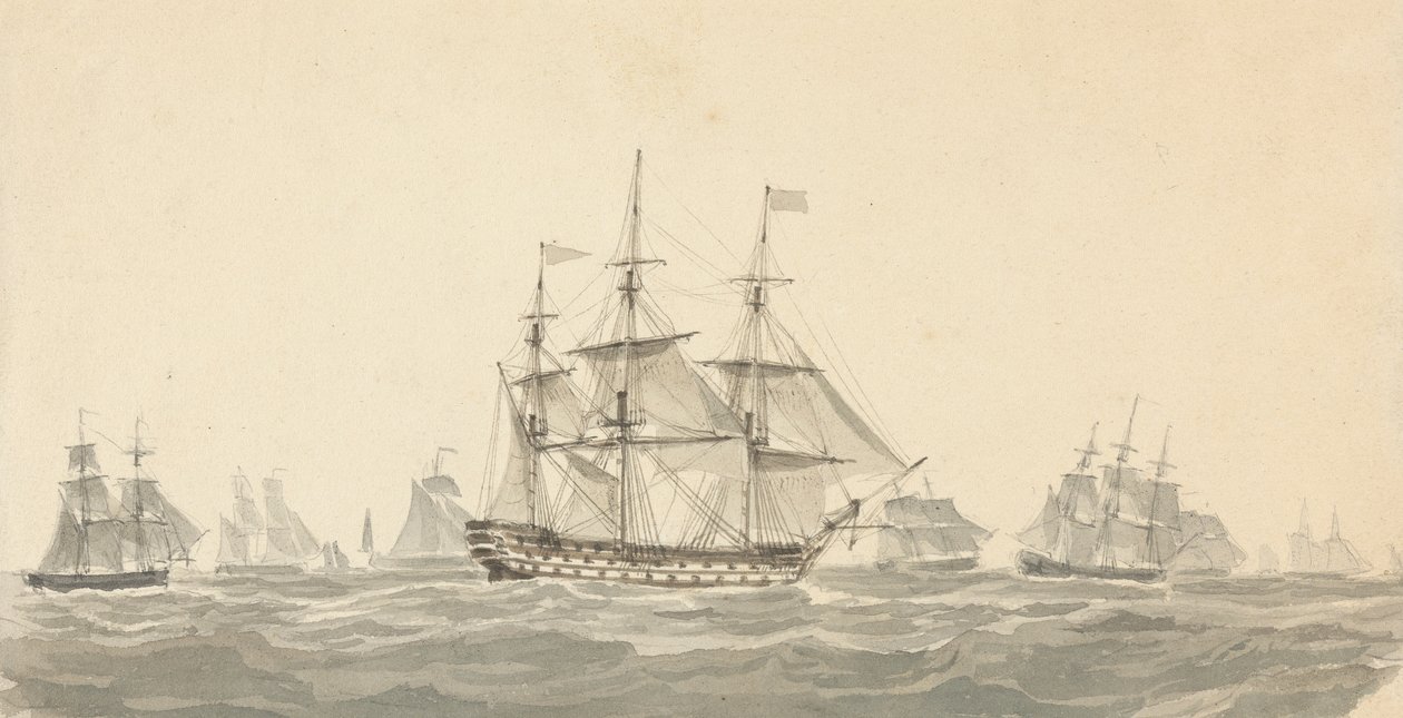 Zijaanzicht van Slagschip Omringd door Verschillende Anderen in Zware Zee door Joseph Cartwright