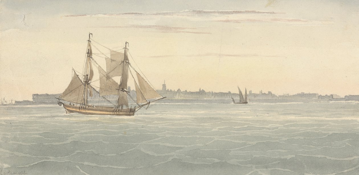 Enkele brik (?) Een ander zeilschip tegen de achtergrond van de stad door Joseph Cartwright