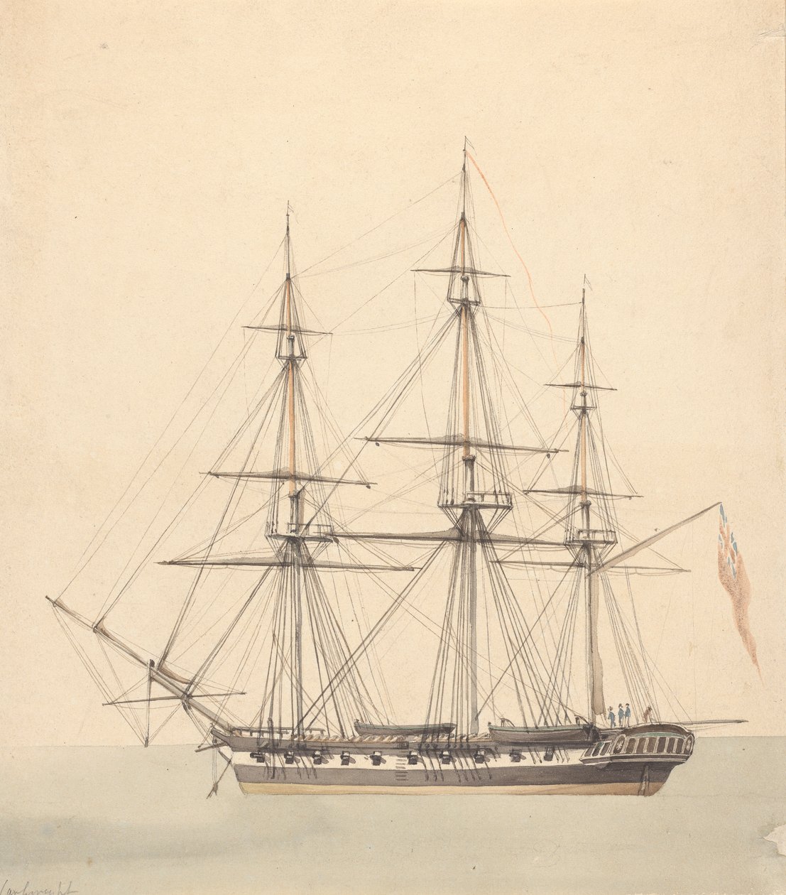 Enkele korvet (?) met drie figuren in marine-uniformen en Union Jack door Joseph Cartwright