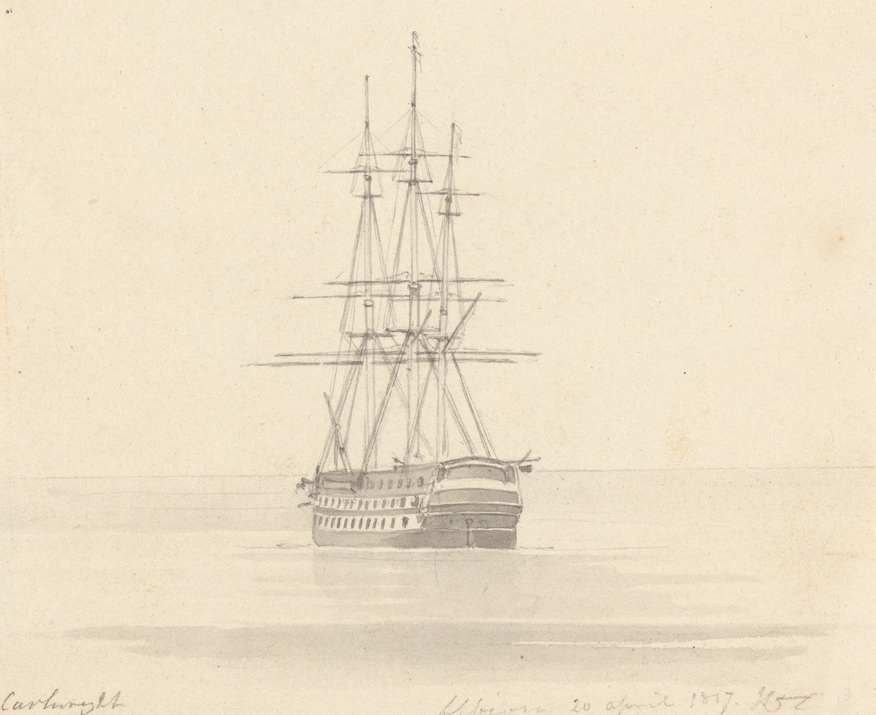 Enkele fregat, achtersteven vooruit; Albion 20 april 1817 door Joseph Cartwright