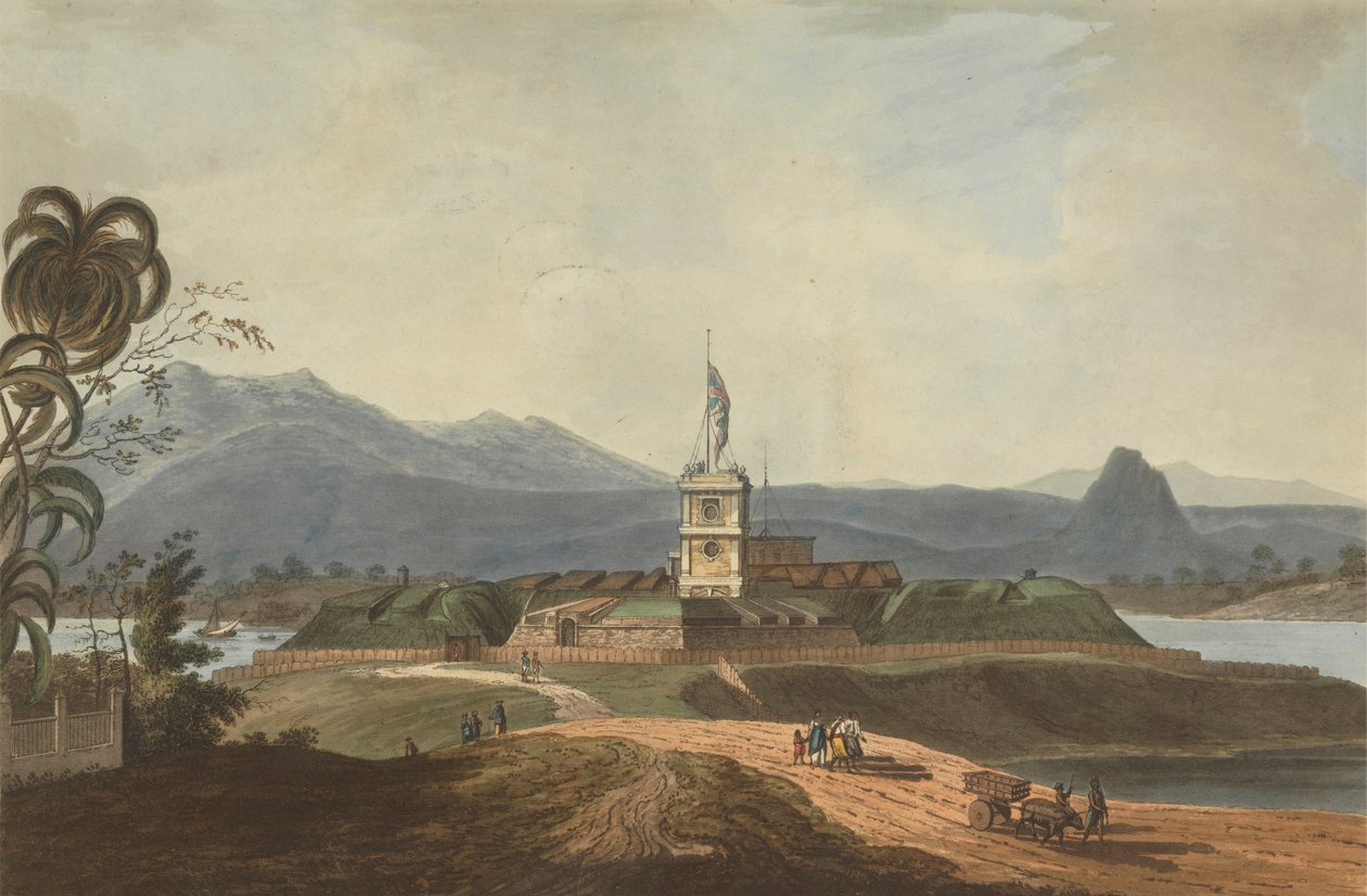 Zuidoostelijk uitzicht op Fort Marlborough, Benkulen, Sumatra, 1799 door Joseph Constantine Stadler