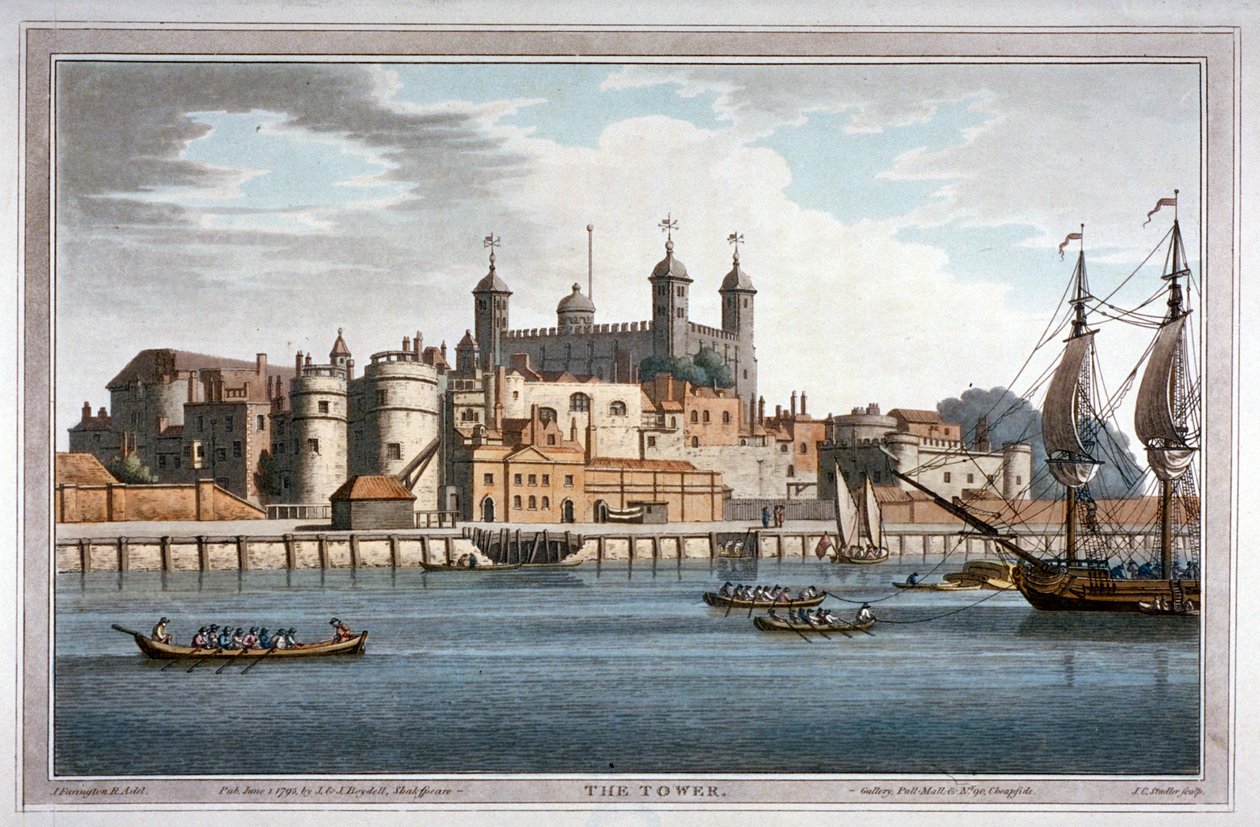 Zuidelijk uitzicht op de Tower of London met boten op de rivier de Theems, 1795 door Joseph Constantine Stadler