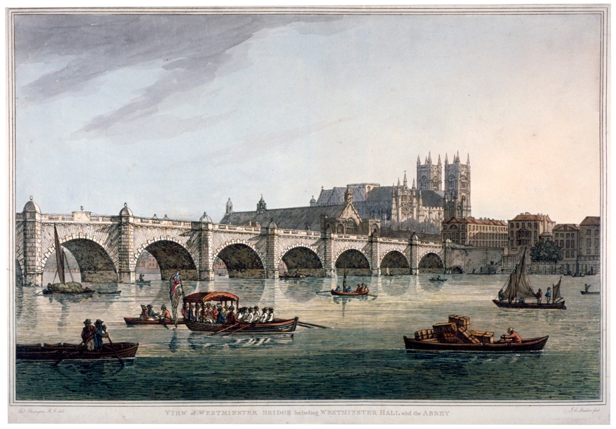 Westminster Bridge, Westminster Abbey en Westminster Hall, Londen door Joseph Constantine Stadler