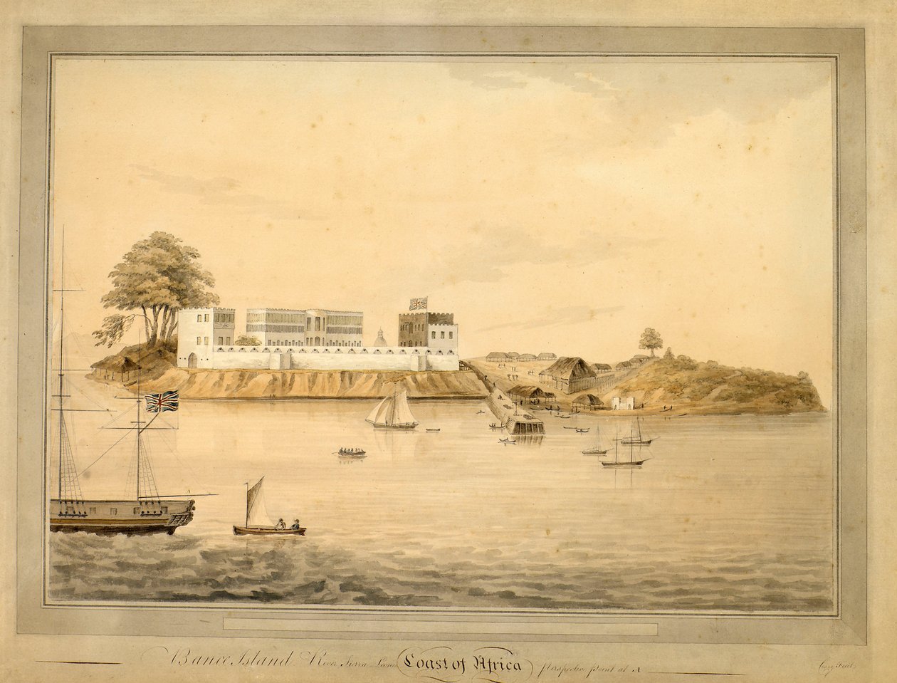 Uitzicht op Bance Island, Sierra Leone, Afrika, ca. 1805 door Joseph Corry