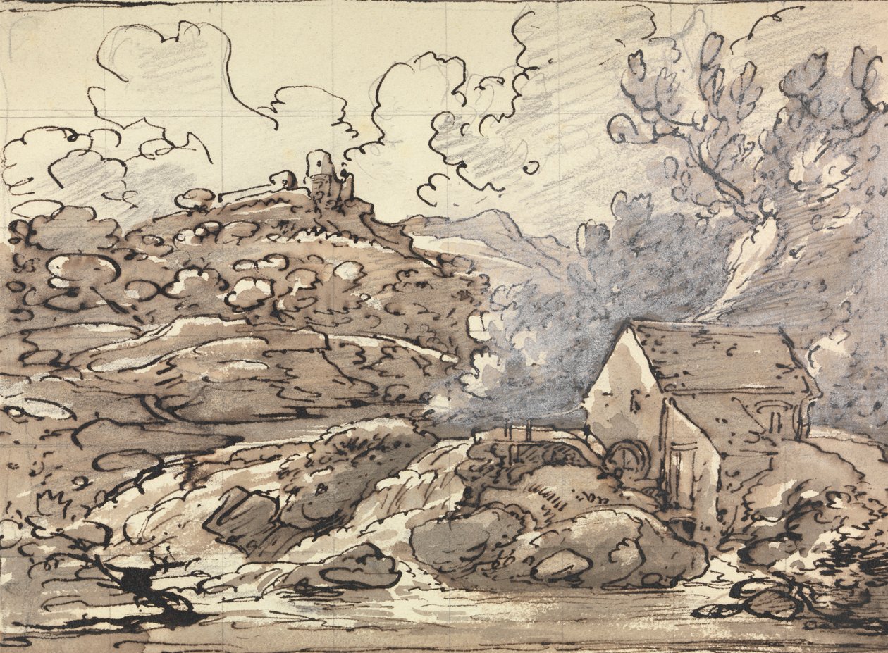 Een molen bij een waterval door Joseph Farington