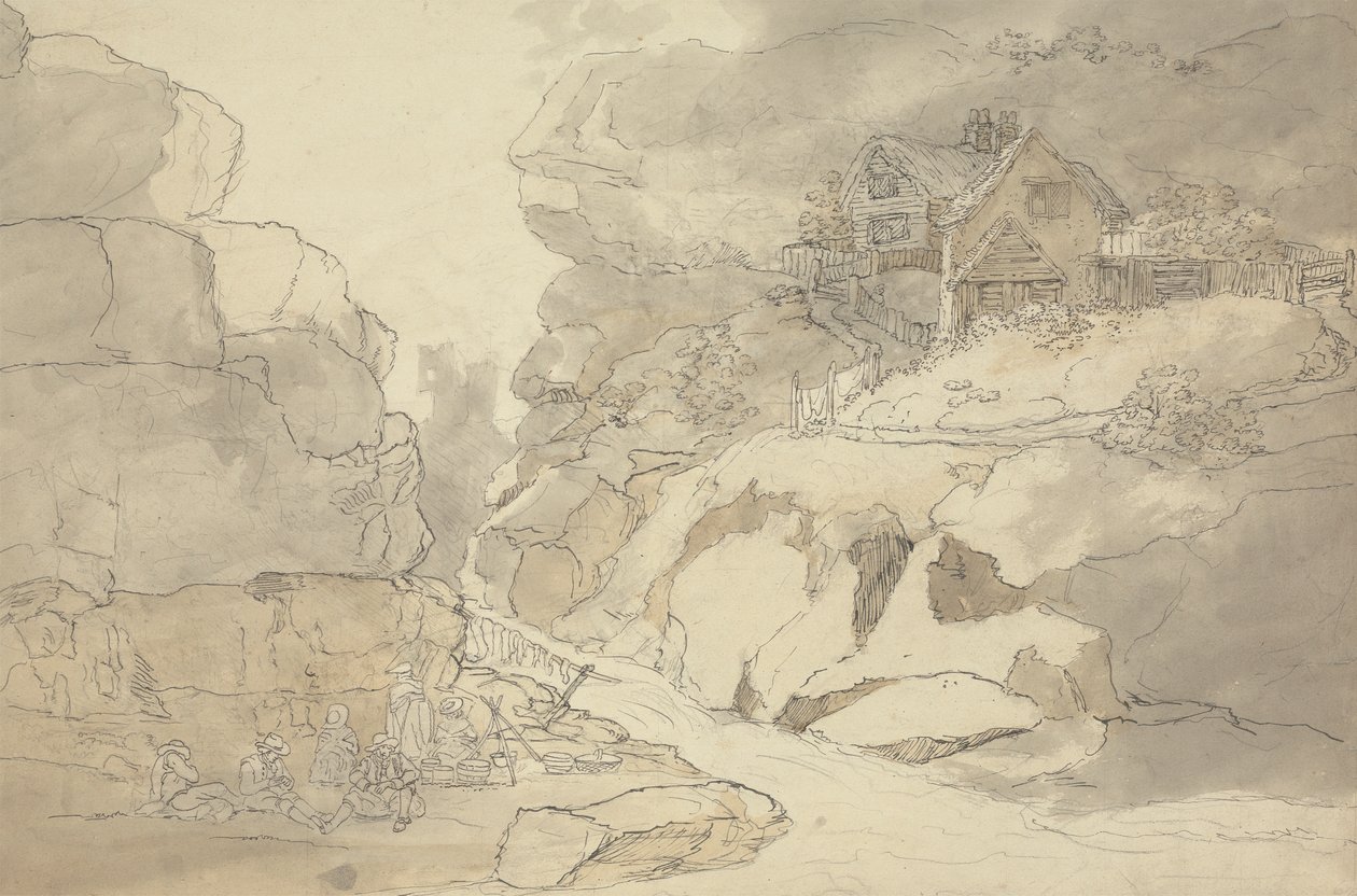 Rustiek en huisjes bij een rivier door Joseph Farington