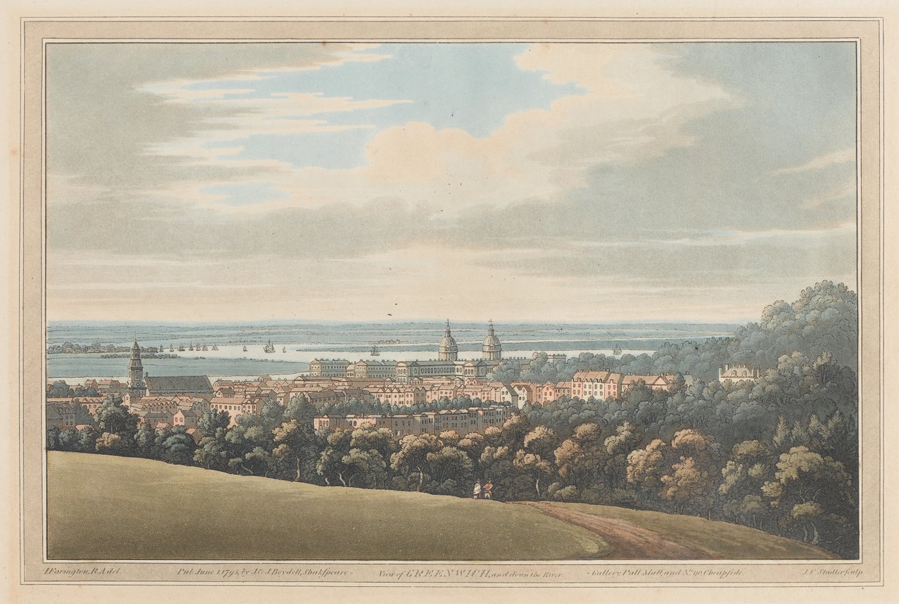 Uitzicht op Greenwich en de rivier, 1795 (aquatint) door Joseph Farington