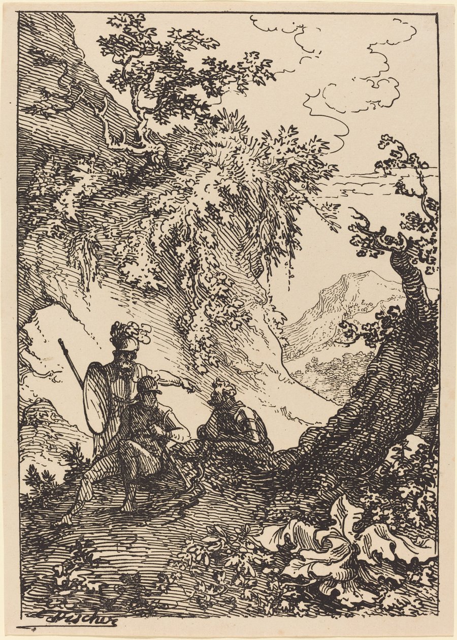Landschap met mannen in harnas, boomstronk door Joseph Fischer