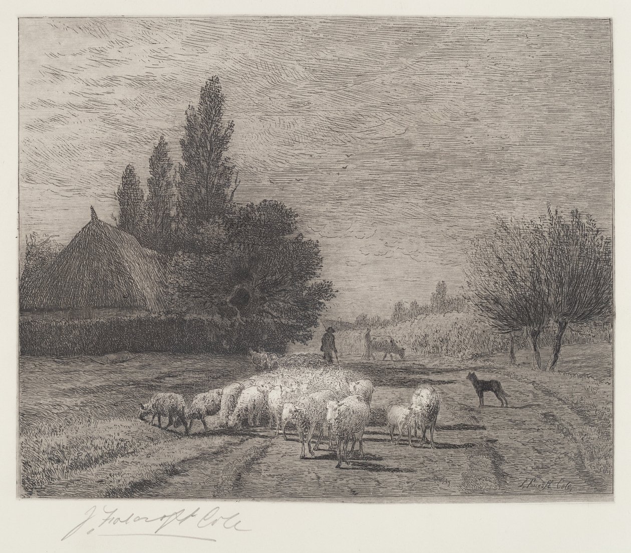 Dorpstraat in Frankrijk met een kudde schapen door Joseph Foxcroft Cole