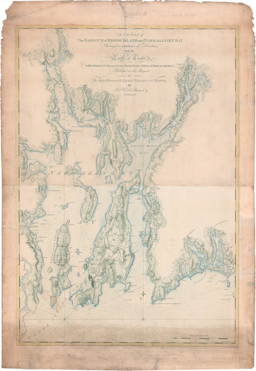 Een kaart van de haven van Rhode Island en Narragansett Bay door Joseph Frederick Wallet DesBarres