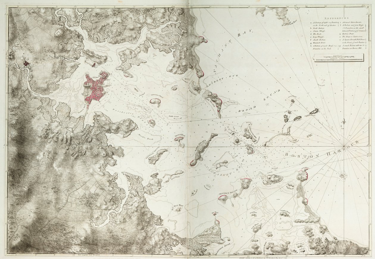 Een kaart van de haven van Boston door Joseph Frederick Wallet DesBarres