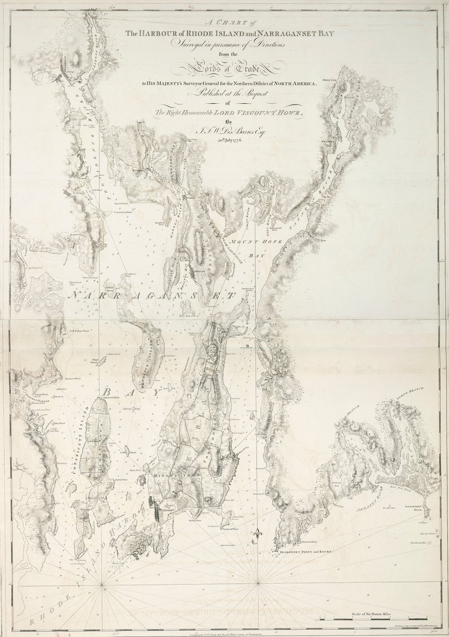 Een kaart van de haven van Rhode Island en Narraganset Bay door Joseph Frederick Wallet DesBarres