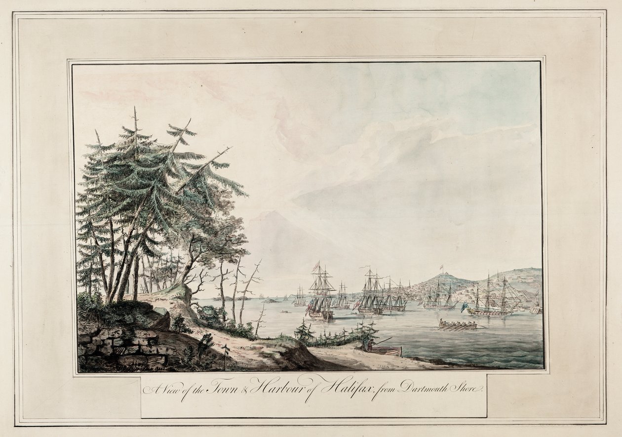 Een uitzicht op de stad en haven van Halifax, vanaf de kust van Dartmouth, ca. 1777 door Joseph Frederick Wallet DesBarres