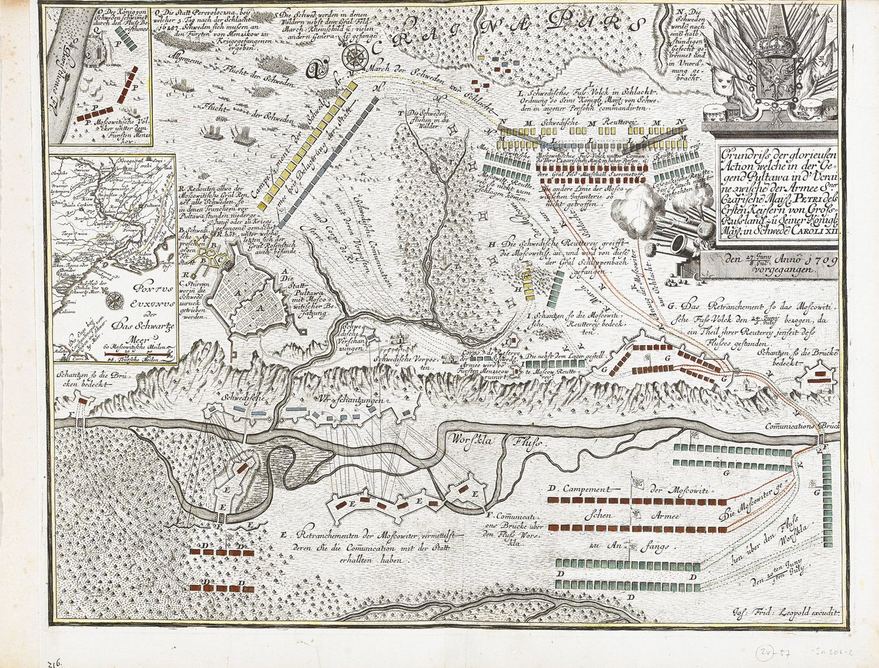 Kaart van de Slag bij Poltava op 27 juni 1709 door Joseph Friedrich Leopold