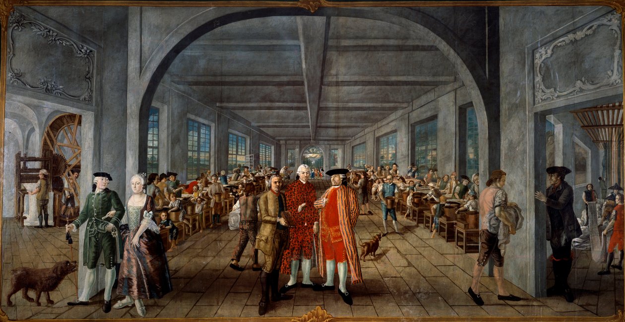 Wetter Brothers Indian Fabric Factory. Links, de heer en mevrouw Jean Rodolphe (Jean-Rodolphe) Wetter rijkelijk gekleed. In het midden presenteert een arbeider een drukplaat aan de fabrieksmanager, Pierre Pignet, achter hen de arbeiders aan het werk. door Joseph Gabriel Rossetti