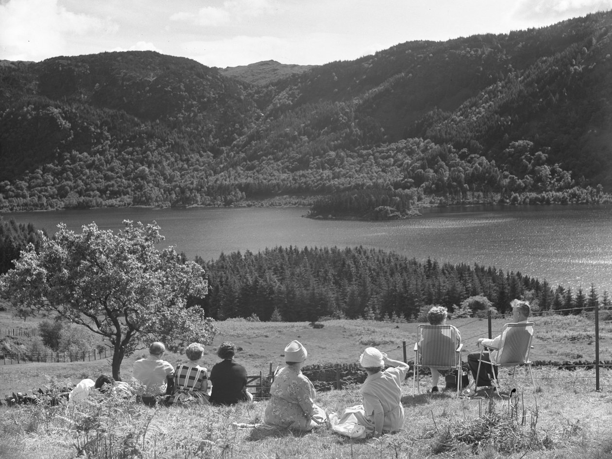 Groep mensen zittend op gras of ligstoelen kijkend naar uitzicht op Thirlmere door Joseph Hardman