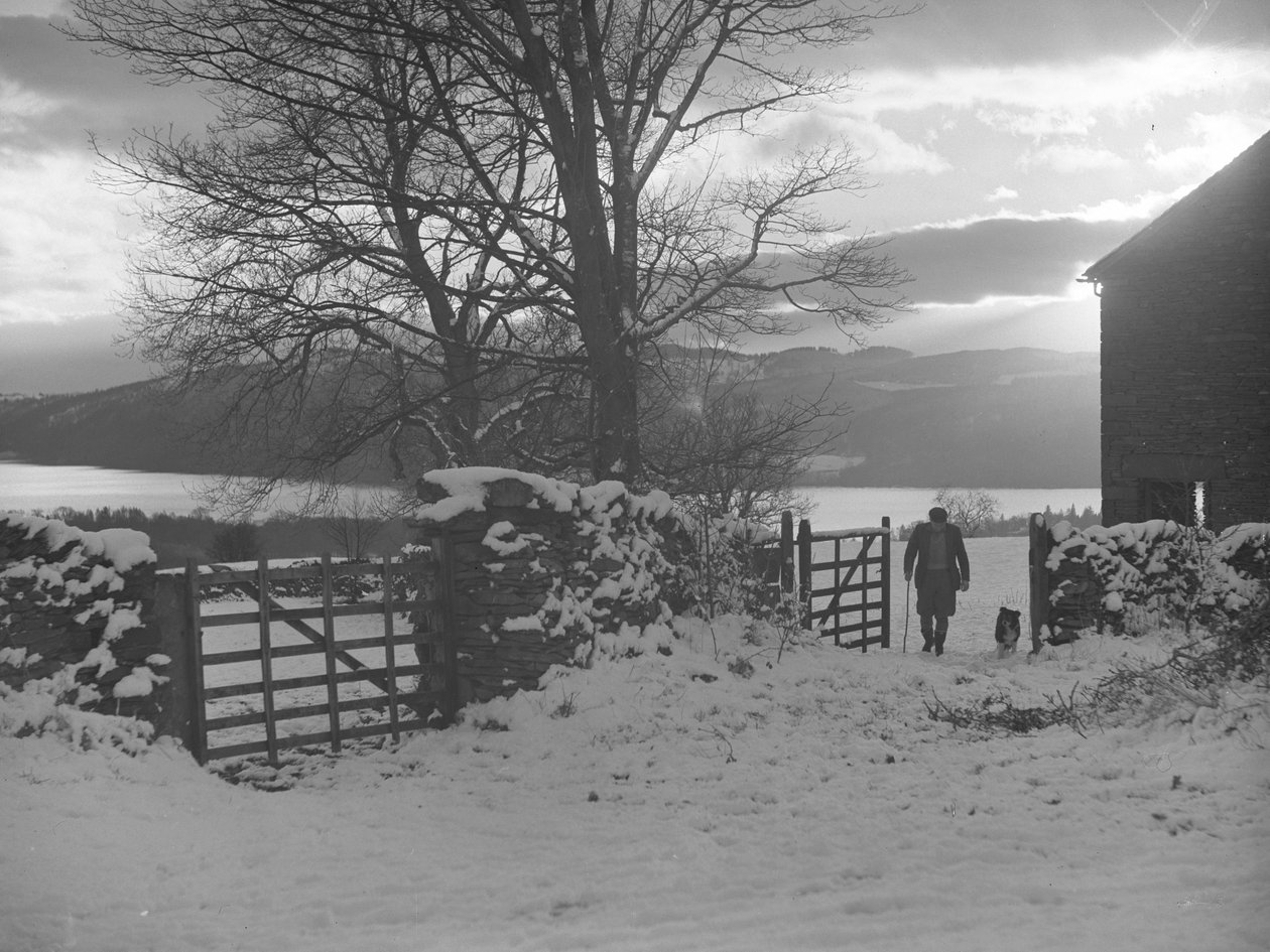 Man en hond lopen door hek naar camera in sneeuw met Thirlmere erachter door Joseph Hardman