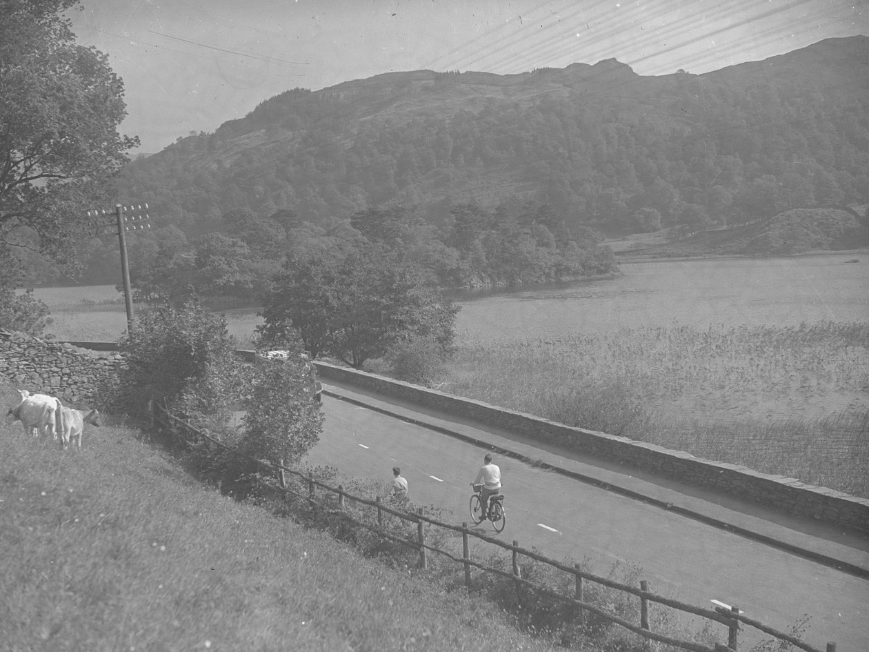 Zicht op een weg langs Rydal Water, met mensen op de fiets, vee en heuvels door Joseph Hardman