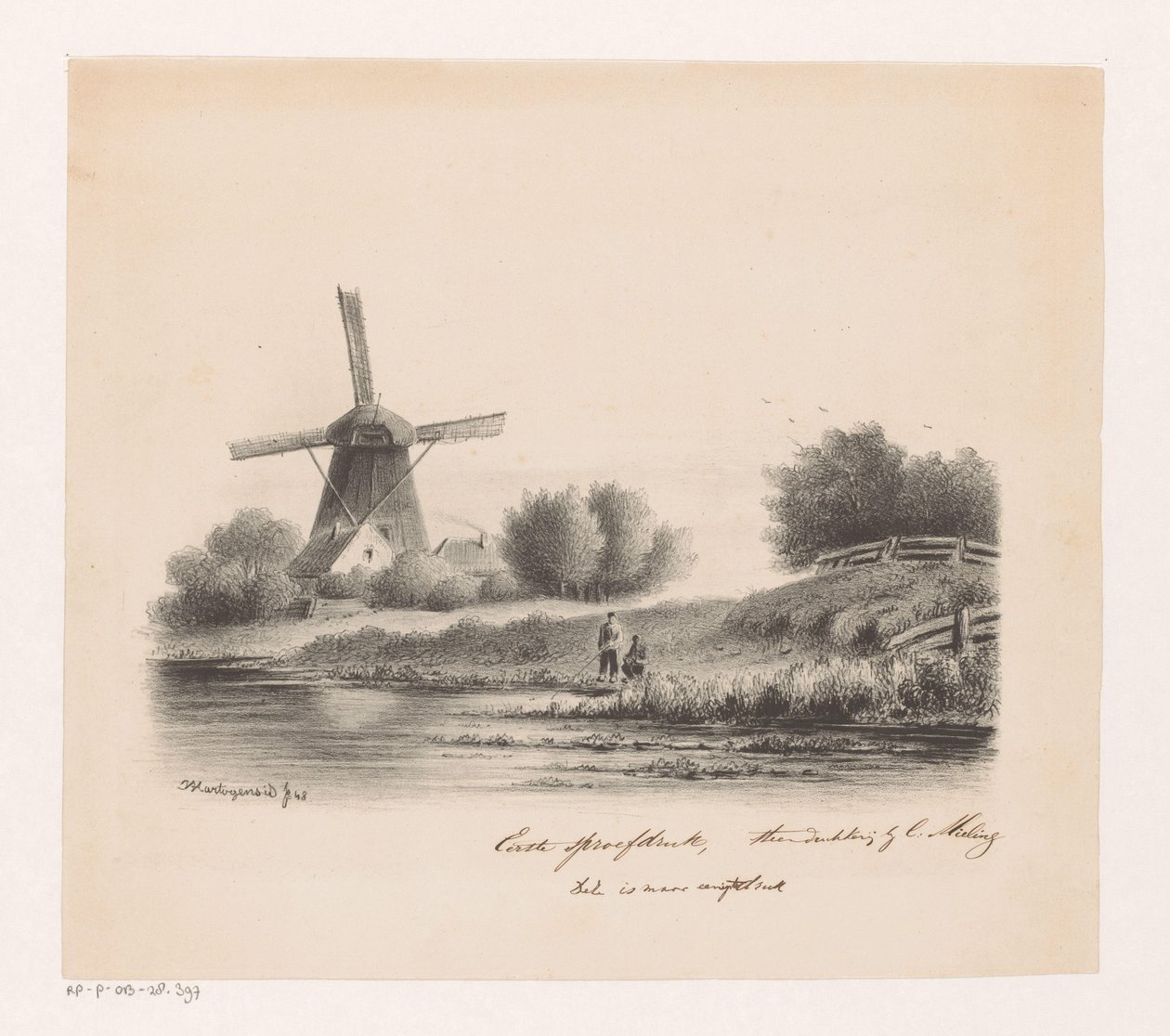 Landschap met molen en twee vissers door Joseph Hartogensis