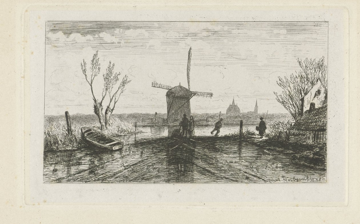 Schaatsenrijder bij een molen door Joseph Hartogensis