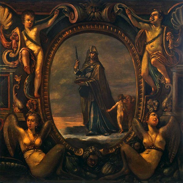 Allegorisch figuur met putti in een cartouche door Joseph Heintz