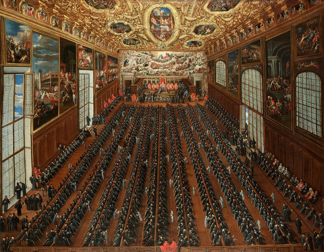 Het interieur van de Sala Maggior Consiglio, Dogenpaleis, Venetië, met de patriciërs die stemmen op een bulletin voor de verkiezing van nieuwe magistraten door Joseph Heintz the Younger