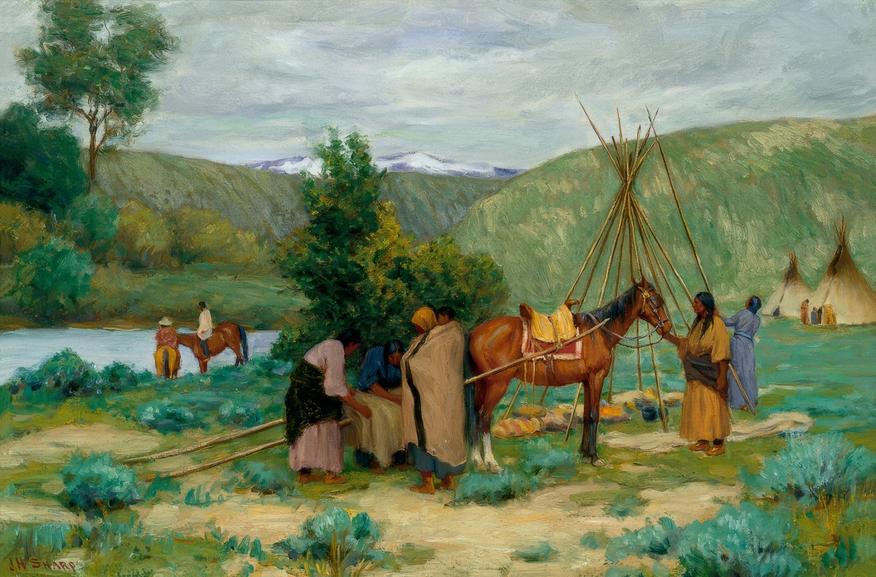 Kamp opzetten, Little Big Horn, Montana door Joseph Henry Sharp