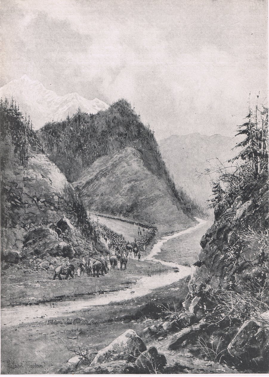Afghanistan: De mars van de Kabul kolom naar Khandahar, augustus 1880, illustratie uit British Battles on Land and Sea, 1915 door Joseph Holland Tringham