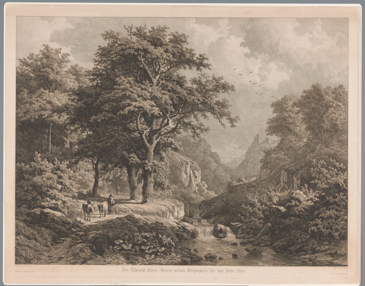 Bergachtig landschap met in het midden een waterval, links een jongen met drie koeien en een hond door Joseph Hubert Blees