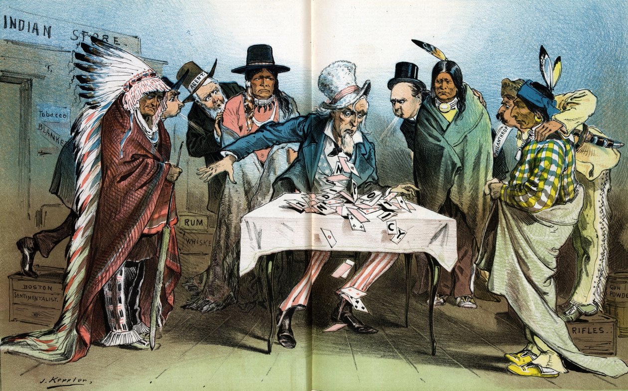 Ons Indiaans beleid, een kaartenhuis, 1881 door Joseph Keppler