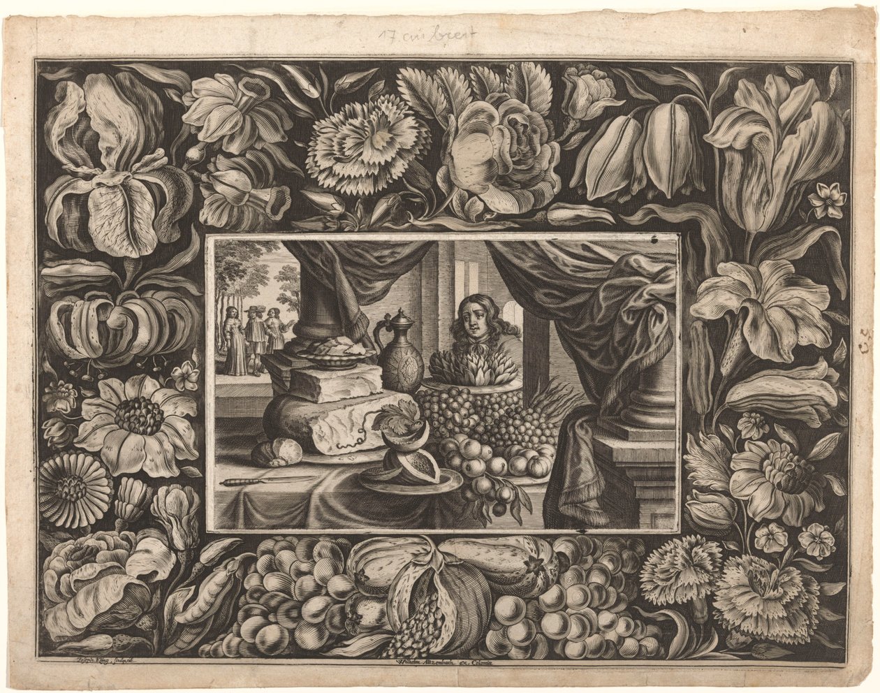 Stilleven van kaas en fruit met een ornamentrand door Joseph Kling
