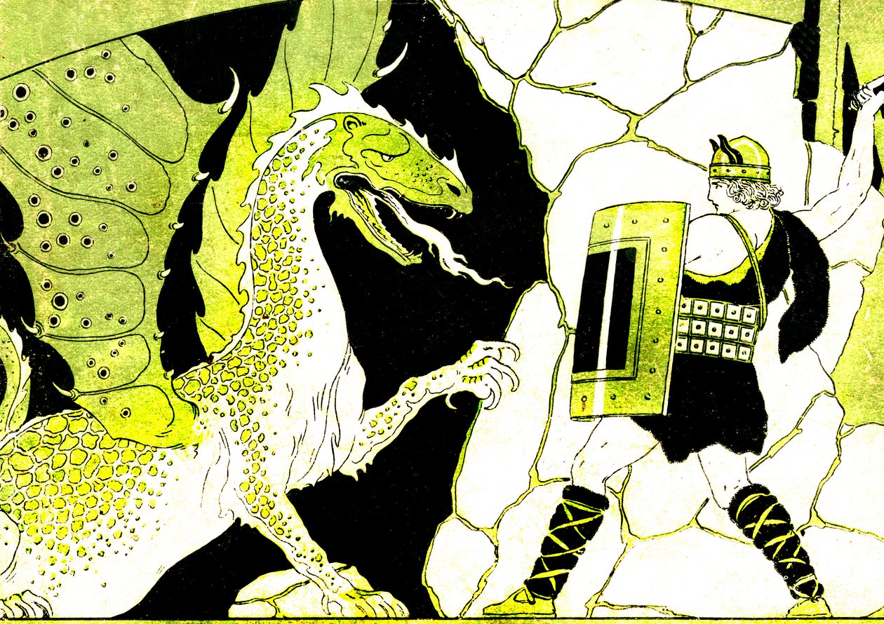 Siegfried vecht tegen de Draak. Legende van de Nibelungen. Illustratie door Joseph Kuhn Regnier (Kuhn-Regnier) (1873-1940) voor "Epopees et legendes d