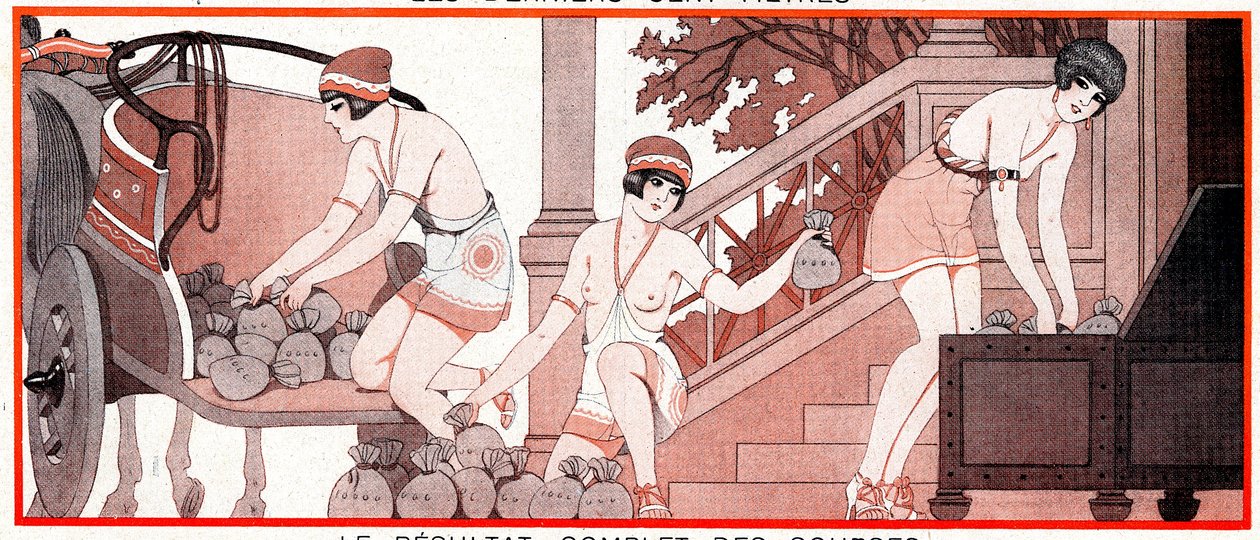Wat was, in de Olympische periode, Le Prix de Diane - Volledige race resultaten - Le Résultat complet de courses - illustratie uit la Vie Parisienne, 1927 door Joseph Kuhn Regnier