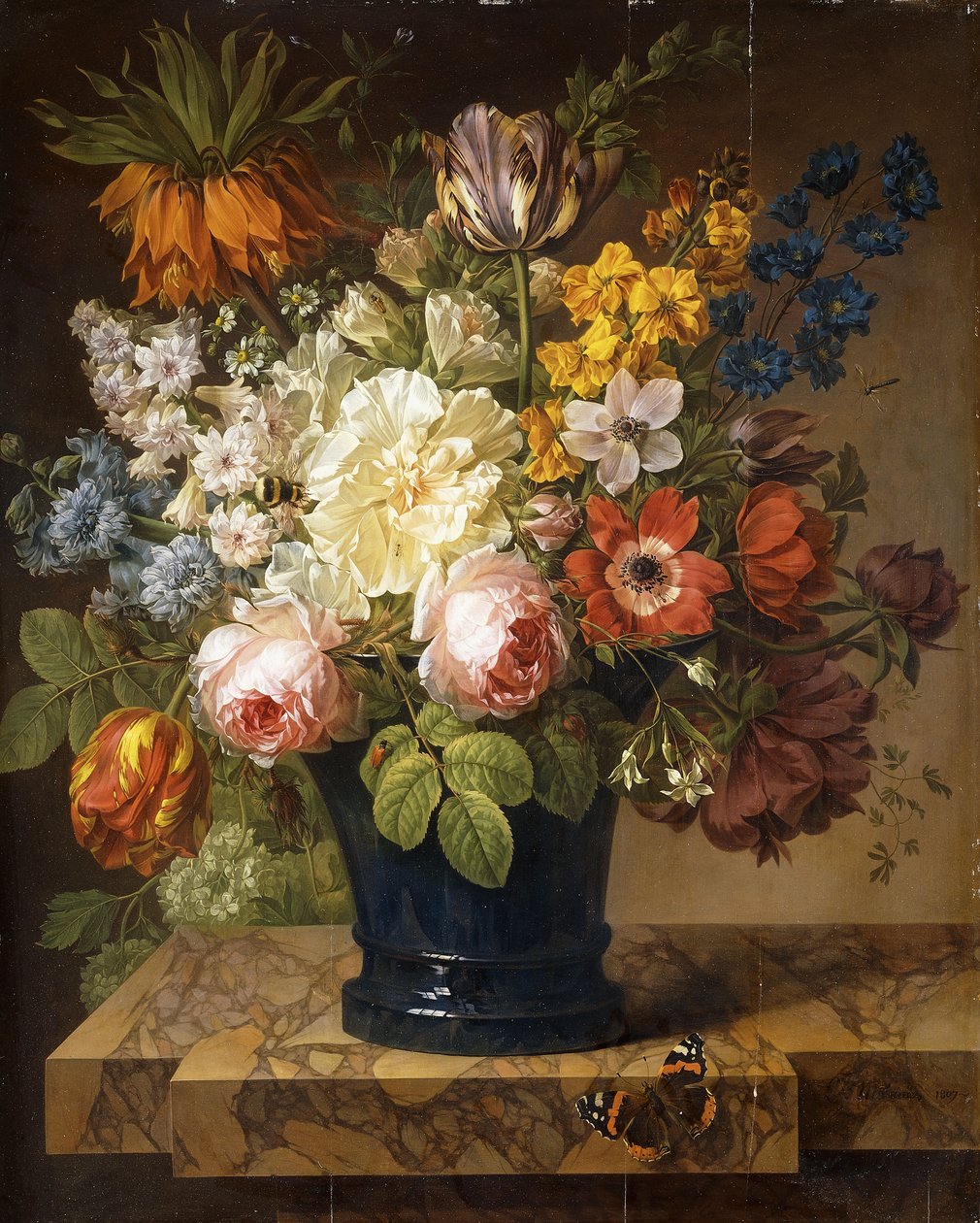 Bloemen in een vaas op een marmeren richel met een rode admiraal, een hommel, twee kevers en een libel, 1807 door Joseph Laurent Malaine
