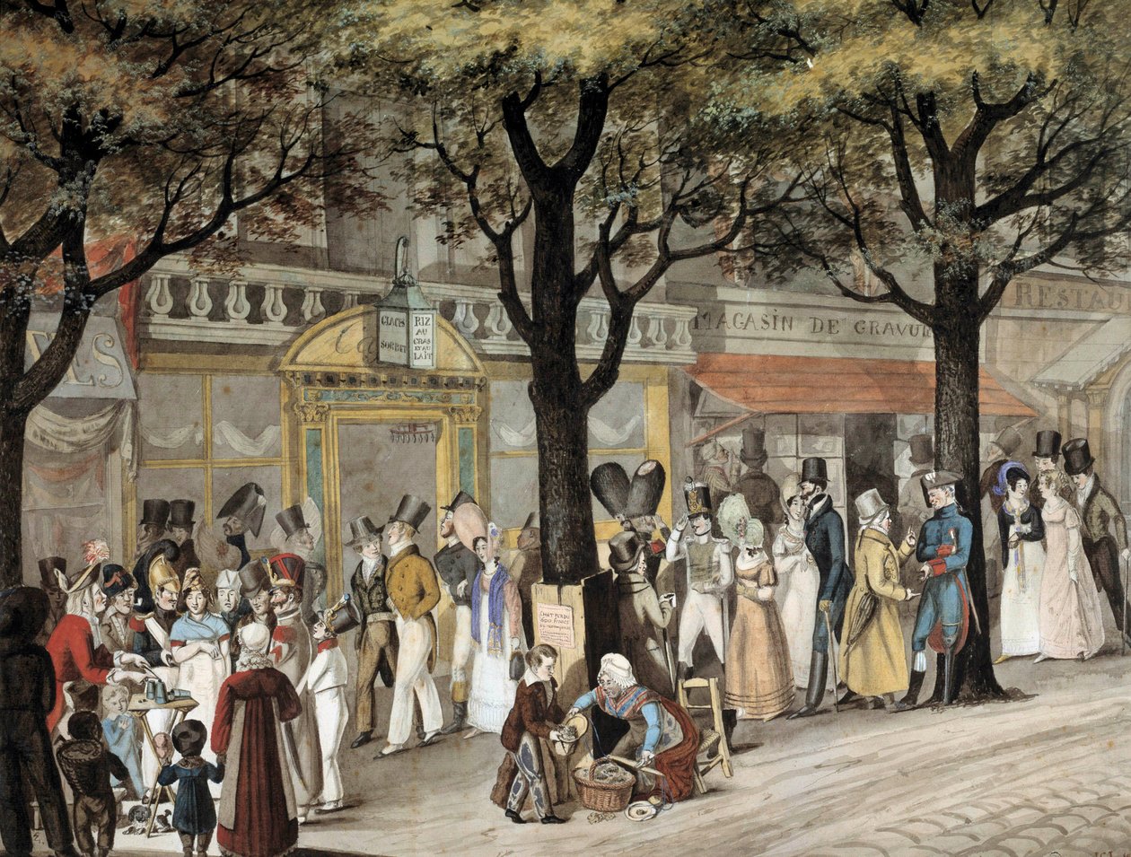 Wandeling op een boulevard in Parijs in 1819 door Joseph Louis Hippolyte Bellange