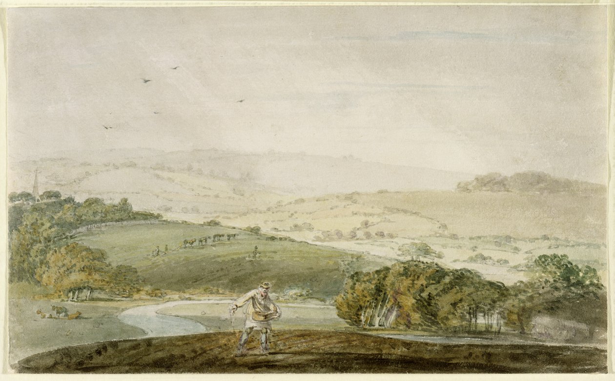 Een boer die zaait, met een rivierdal en glooiende heuvels op de achtergrond, ca. 1795 door Joseph Mallord William Turner