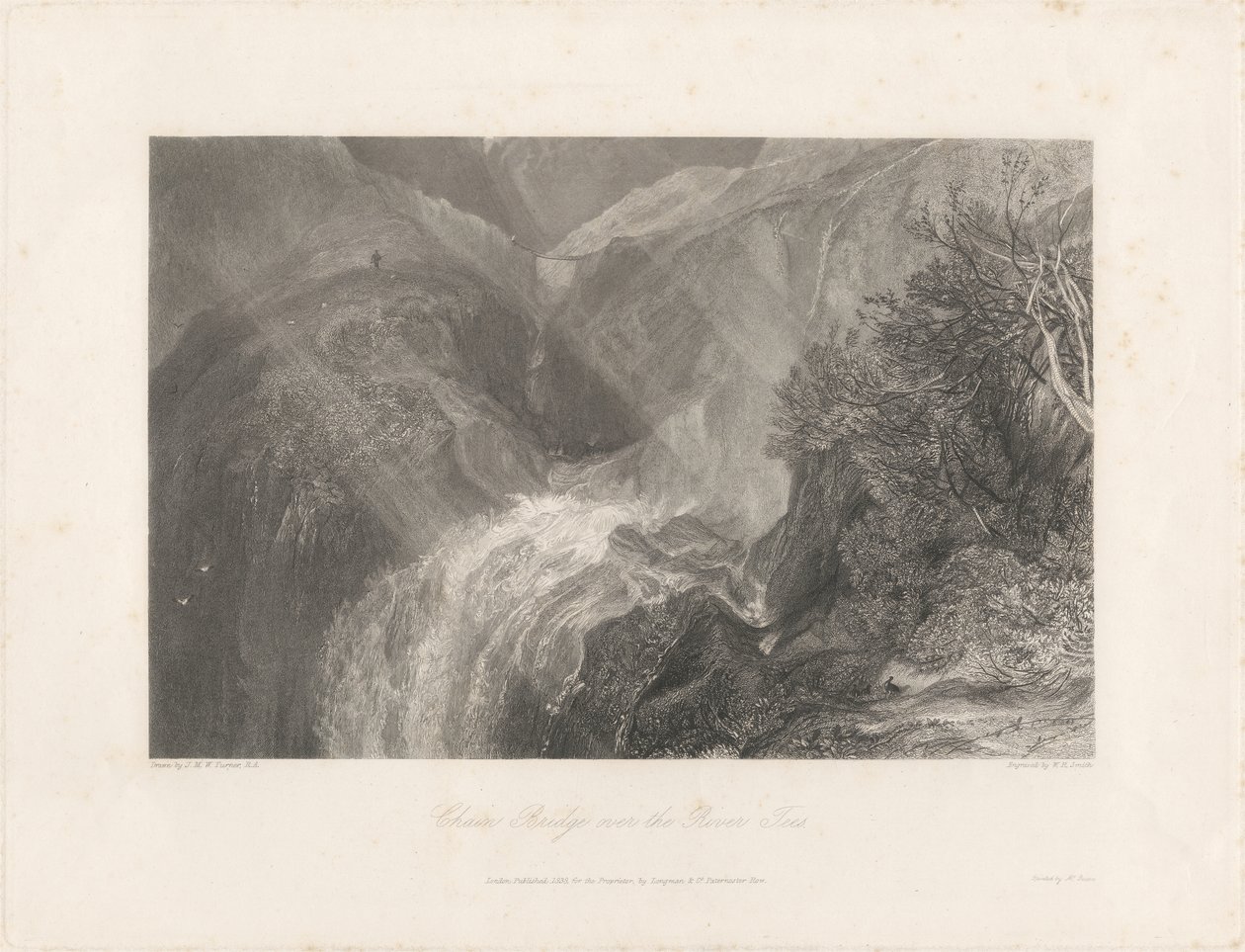 Kettingbrug over de rivier Tees, 1838 door Joseph Mallord William Turner